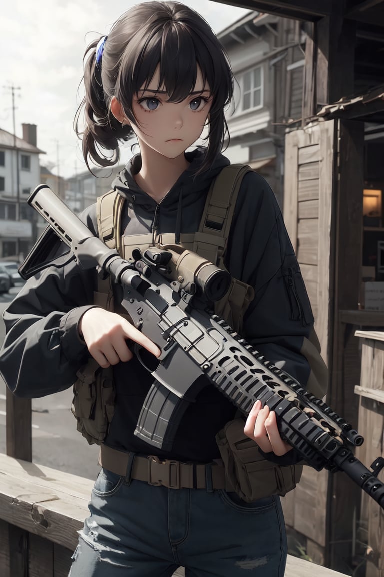 1girl,night, melancholic,Holding an assault rifle ,Assault rifle, perfect hands, perfect fingers