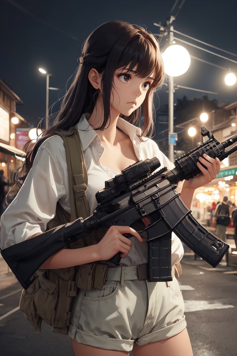 1girl,night, melancholic,Holding an assault rifle ,Assault rifle, perfect hands, perfect fingers