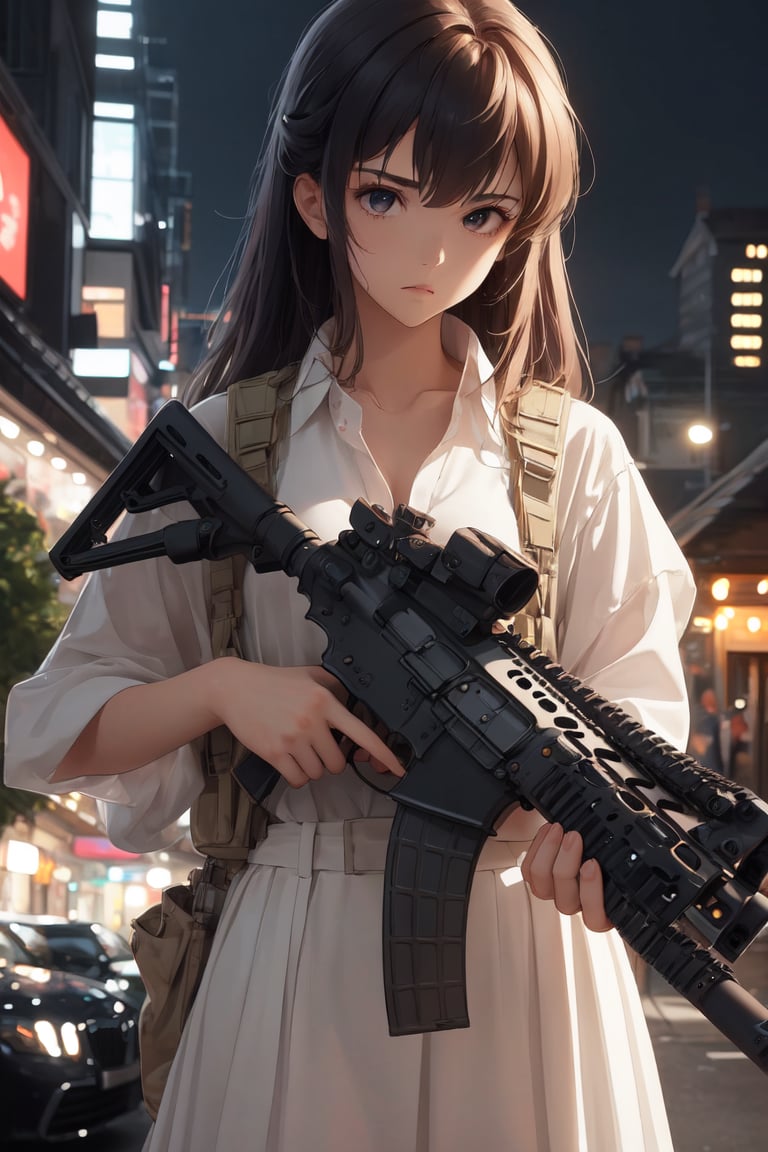 1girl,night, melancholic,Holding an assault rifle ,Assault rifle, perfect hands, perfect fingers