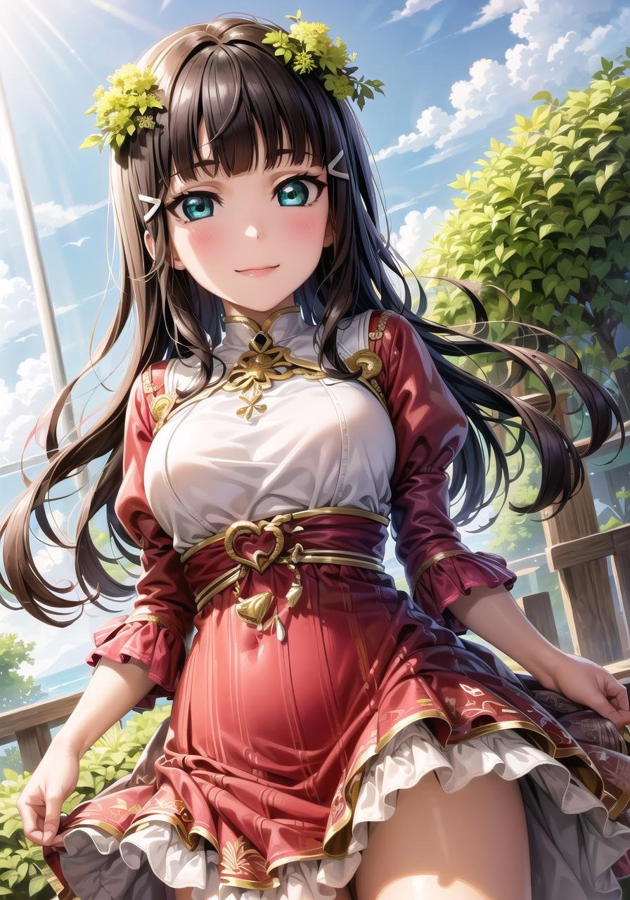 (masterpiece, best quality, ultra-detailed), (illustration), (beautiful detailed eyes), 1girl, solo, kurosawa dia, black hair, long hair, hair ornament, (blunt bangs:1.3), bangs, green eyes, hairclip, <lora:Dia_1.3:0.7>,  large breasts,red dress, puffy sleeves, short sleeves,light smile, cowboy shot, taremeoutdoors, day, blue sky, (greenery:1.3), depth of field, <lora:1651489307798708599 (1):0.6> <lora:add_detail:0.4> <lora:GoodHands-vanilla:1> <lora:tareme:0.4>