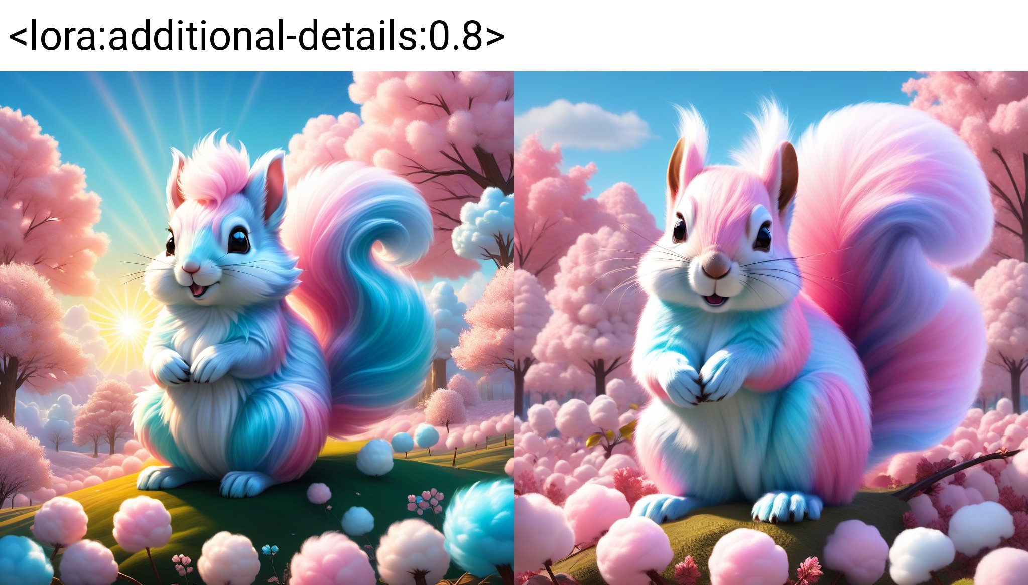 <lora:additional-details:0.8>,cotton candy squirrel,cotton candy world,colorful pastel colors,fluffy cotton candy clouds,cotton candy flowers,cotton candy trees,cotton candy sun,cotton candy grass,extremely detailed,intricate details,cinematic lighting,sunlight,volumetric,masterpiece,best quality,high resolution,