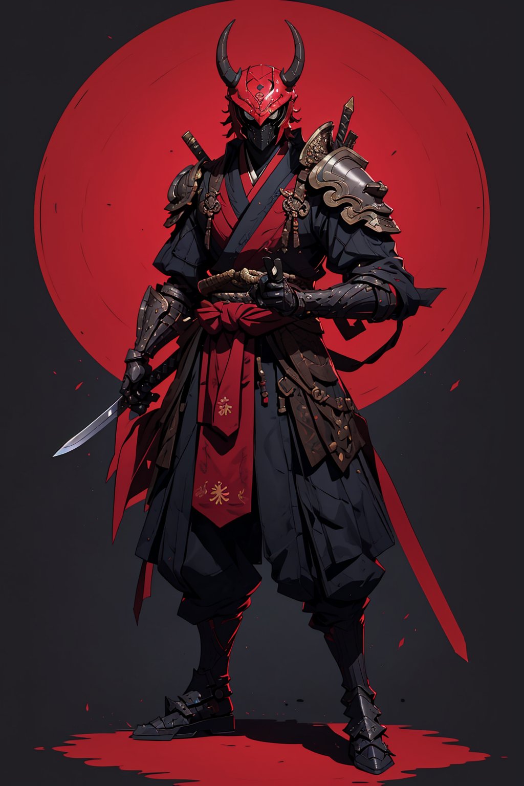 solo,  1boy,  holding,  standing,  full body,  weapon,  male focus,  horns,  sword,  holding weapon,  armor,  mask,  holding sword,  katana,  helmet,  shoulder armor,  gauntlets,  sheath,  pauldrons,  sheathed,  japanese armor,  scabbard,  red theme,  samurai,  blad4,<lora:EMS-266545-EMS:0.600000>