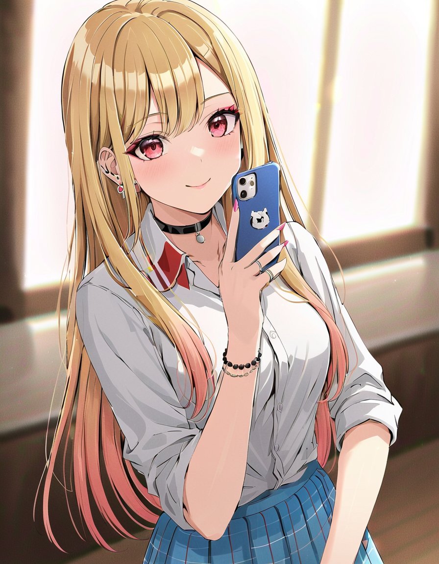 ((masterpiece, best quality)), (ultra detailed, extremely detailed, high resolution), (colorful, anime art style, soft light), highly detailed, 8k, UHD, high budget, (cute 1girl at home, selfie), (Kitagawa Marin), ((perfect hands)), (perfect eyes), (beautiful face), (phone in hand, choker, white shirt, blue skirt, stockings), (long hair), blonde hair, red eyes, earrings with jewels, tattoos, beautiful makeup, (posing),