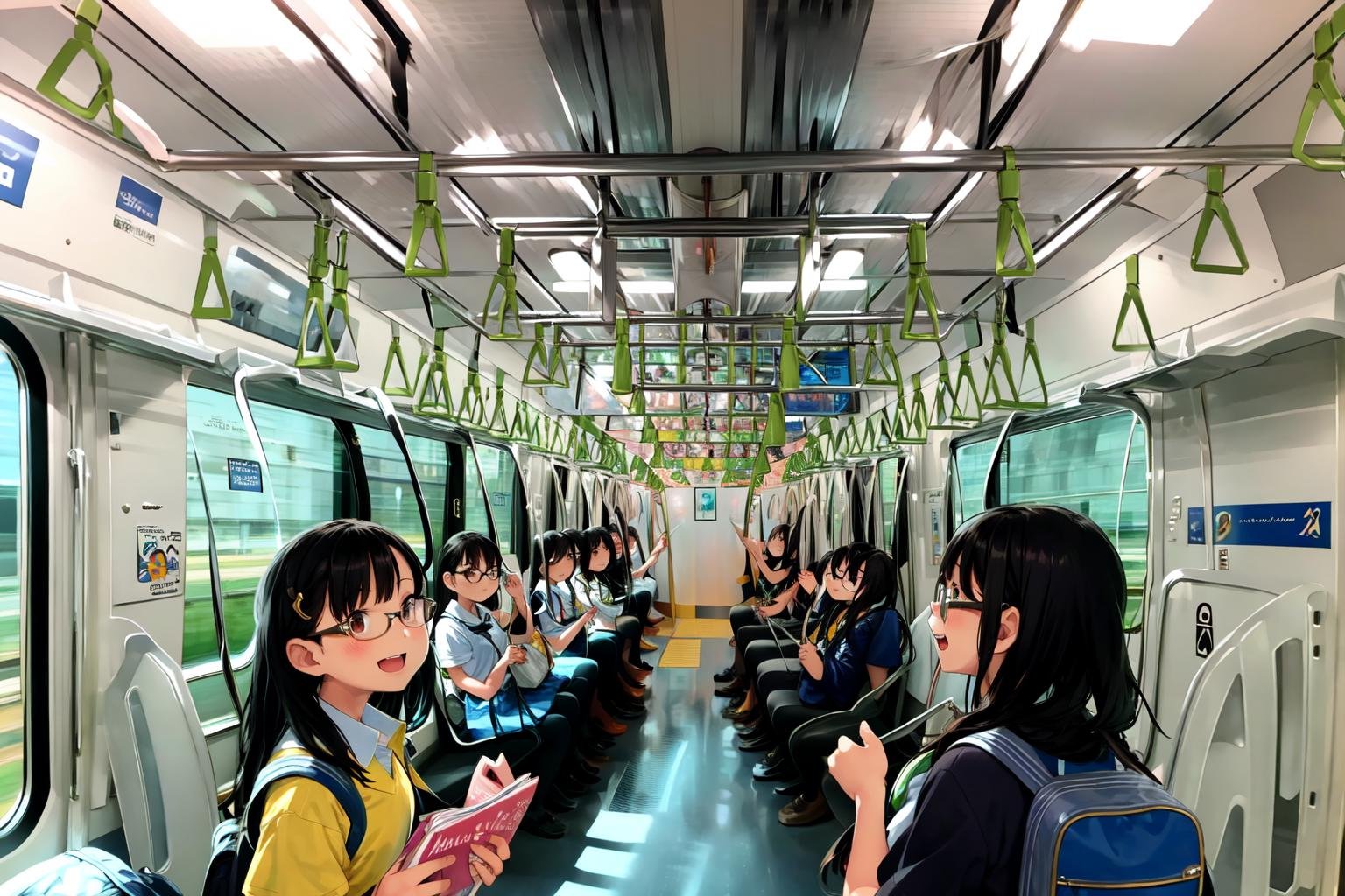 masterpiece, best quality, ultra-detailed, illustration,E235, train interior,multiple girls,teenage,glasses, black hair, blouse, short sleeves, pleated skirt, school bag, smile, happy, laughing,