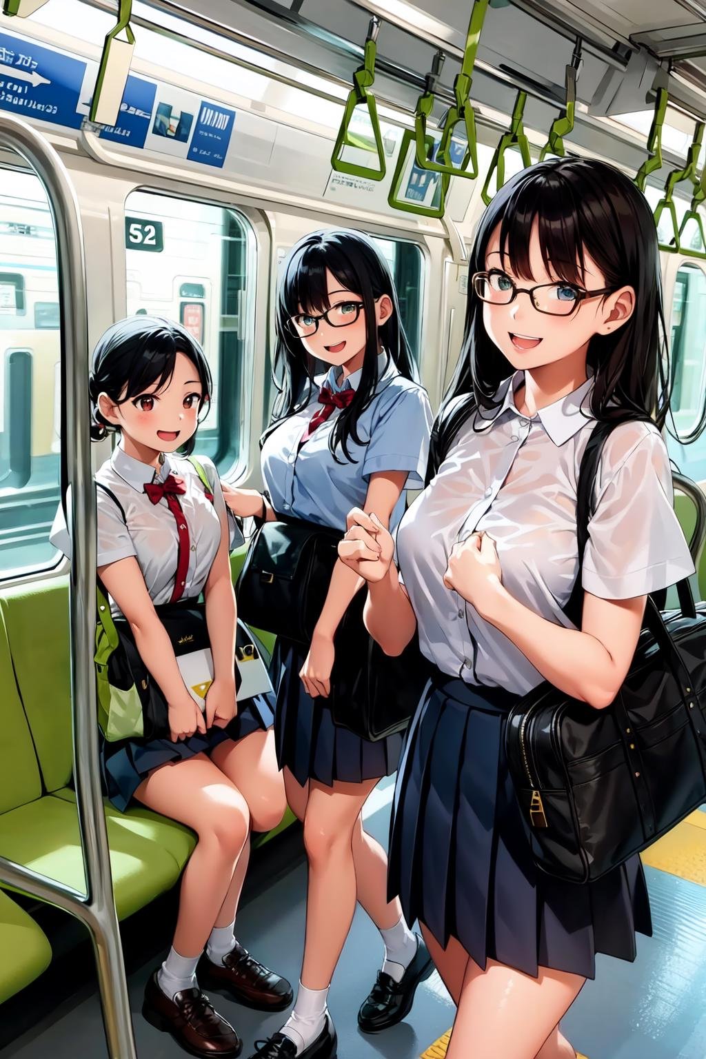 masterpiece, best quality, ultra-detailed, illustration,E235 train interior,multiple girls,teenage,glasses, black hair,  blouse, short sleeves,  pleated skirt,  school bag, smile, happy, laughing,