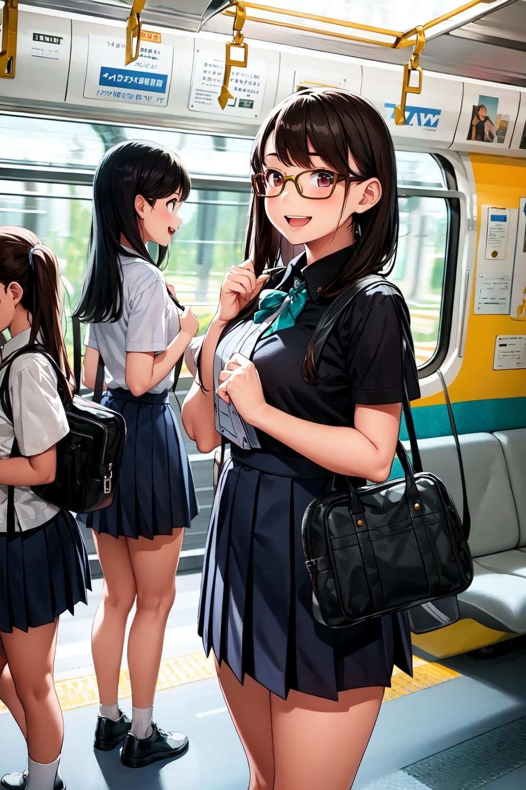 masterpiece, best quality, ultra-detailed, illustration,E235 train interior,multiple girls,teenage,glasses, black hair,  blouse, short sleeves,  pleated skirt,  school bag, smile, happy, laughing,