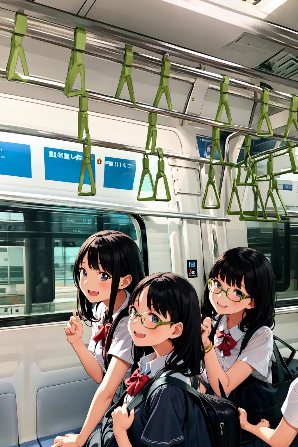 masterpiece, best quality, ultra-detailed, illustration,E235, train interior,multiple girls,teenage,glasses, black hair, blouse, short sleeves, pleated skirt, school bag, smile, happy, laughing,