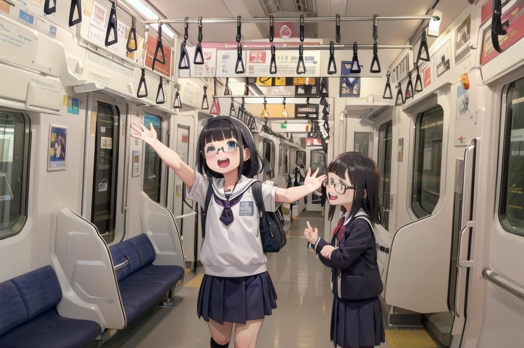 best quality, ultra-detailed, illustration,multiple girls, school uniform, black hair, glasses, school bag, smile, laughing, face focus,e233, train interior, scenery, seat, vanishing point, poster (object), sunlight,<lora:E233_SD15_V3_DIM4:1>