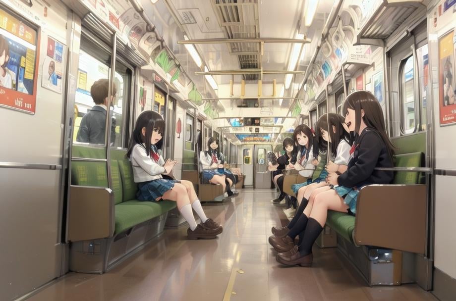 best quality, ultra-detailed, illustration,JNR205, train interior, indoors, scenery, multiple girls, sitting, school uniform, train, smile, laughing,  <lora:JNR205_SD15_V3_DIM4:1>