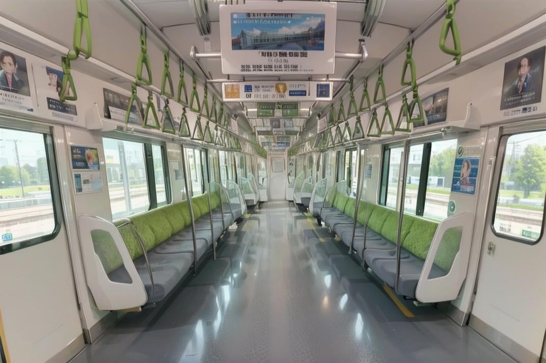 best quality, ultra-detailed, illustration,e235, train interior, scenery, reflection, door, seat, reflective floor, poster (object),  <lora:E235_SD15_V6_DIM4:1>