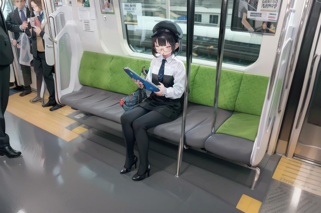 best quality, ultra-detailed, illustration,e235, train interior, black hair, multiple boys, multiple girls, sitting, black footwear, formal, suit, bag, 6+boys, phone, short hair, cellphone, reading, holding, holding phone, dress, hat, smartphone, seat, pants, jacket, shoes, long sleeves, 1girl, necktie, black dress, closed eyes, high heels, glasses, skirt, 2girls, smile, solo focus, shirt, poster (object),  <lora:E235_SD15_V6:1>