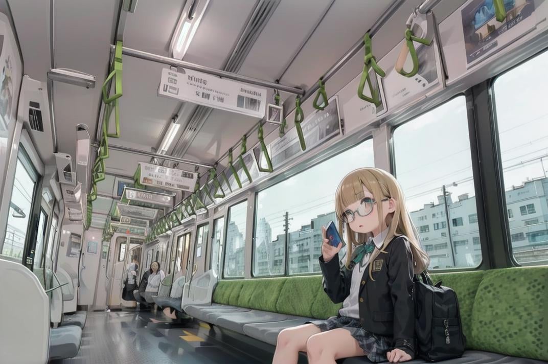 best quality, ultra-detailed, illustration, 1girl, glasses, school uniform, bag, jacket, sitting, holding, smartphone, e235, seat, close-up, scenery, train interior, window, day, sky, day, real world location, power lines, fence, city, cityscape, cloud, sign, poster (object),  <lora:E235_SD15_V6_DIM4:1>