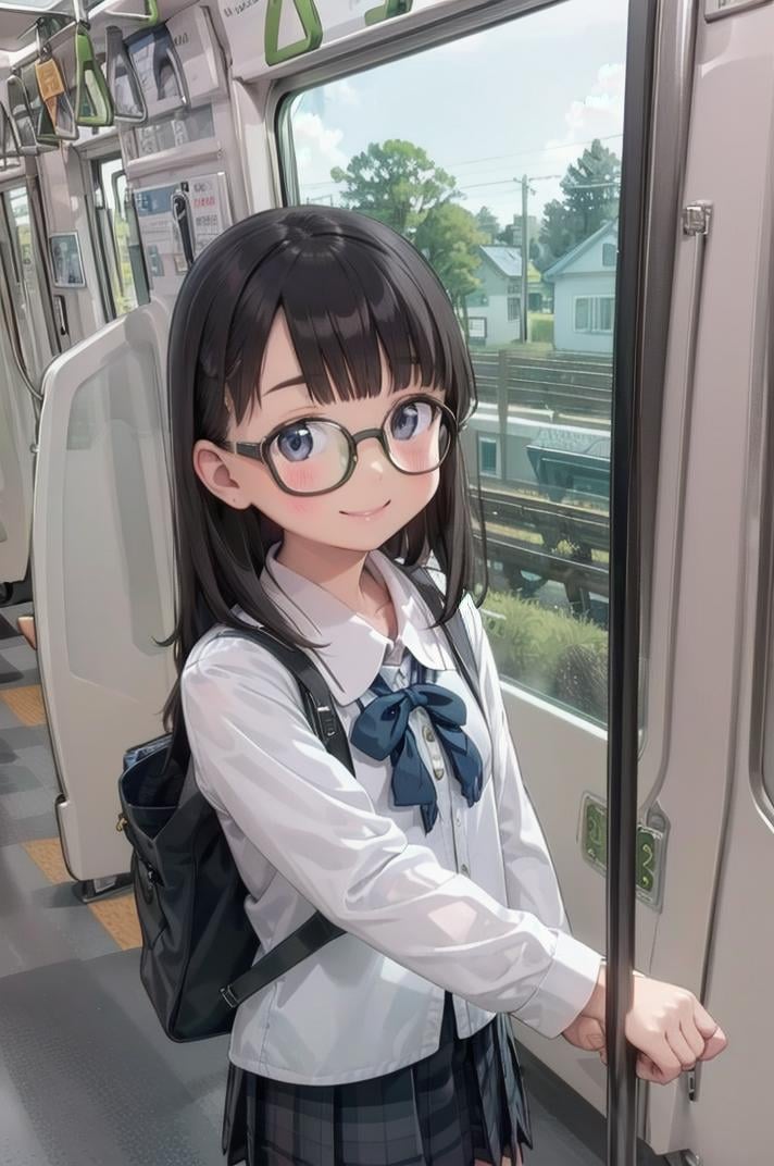 best quality, ultra-detailed, illustration,multiple girls, school uniform, black hair, glasses, school bag, smile, laughing, looking at viewer, e235, train interior, scenery, seat, window, screen, realistic, photo background, photo (medium), photorealistic, close-up <lora:E235_SD15_V6_DIM4:1>