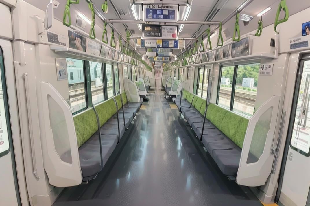 best quality, ultra-detailed, illustration,e235, train interior, scenery, seat, reflection, window, reflective floor, poster (object), realistic, photo background, photo (medium), photorealistic, close-up <lora:E235_SD15_V6_DIM4:1>