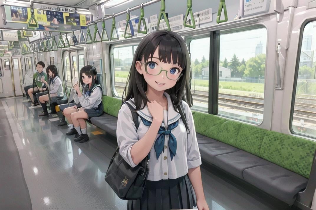 best quality, ultra-detailed, illustration,multiple girls, school uniform, black hair, glasses, school bag, smile, laughing, looking at viewer, e235, train interior, scenery, seat, window, screen, realistic, photo background, photo (medium), photorealistic, close-up <lora:E235_SD15_V6_DIM4:1>