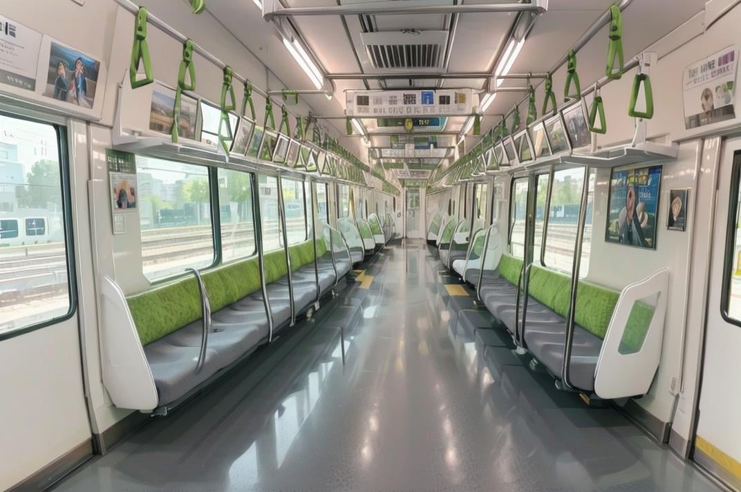 best quality, ultra-detailed, illustration,e235, train interior, scenery, reflection, door, seat, reflective floor, poster (object),  <lora:E235_SD15_V6_DIM4:1>