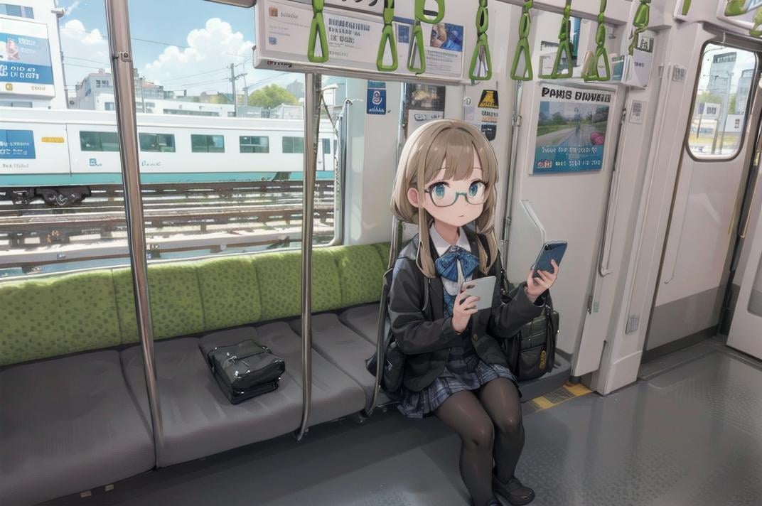 best quality, ultra-detailed, illustration, 1girl, glasses, school uniform, bag, jacket, sitting, holding, smartphone, e235, seat, close-up, scenery, train interior, window, day, sky, day, real world location, power lines, fence, city, cityscape, cloud, sign, poster (object),  <lora:E235_SD15_V6_DIM4:1>