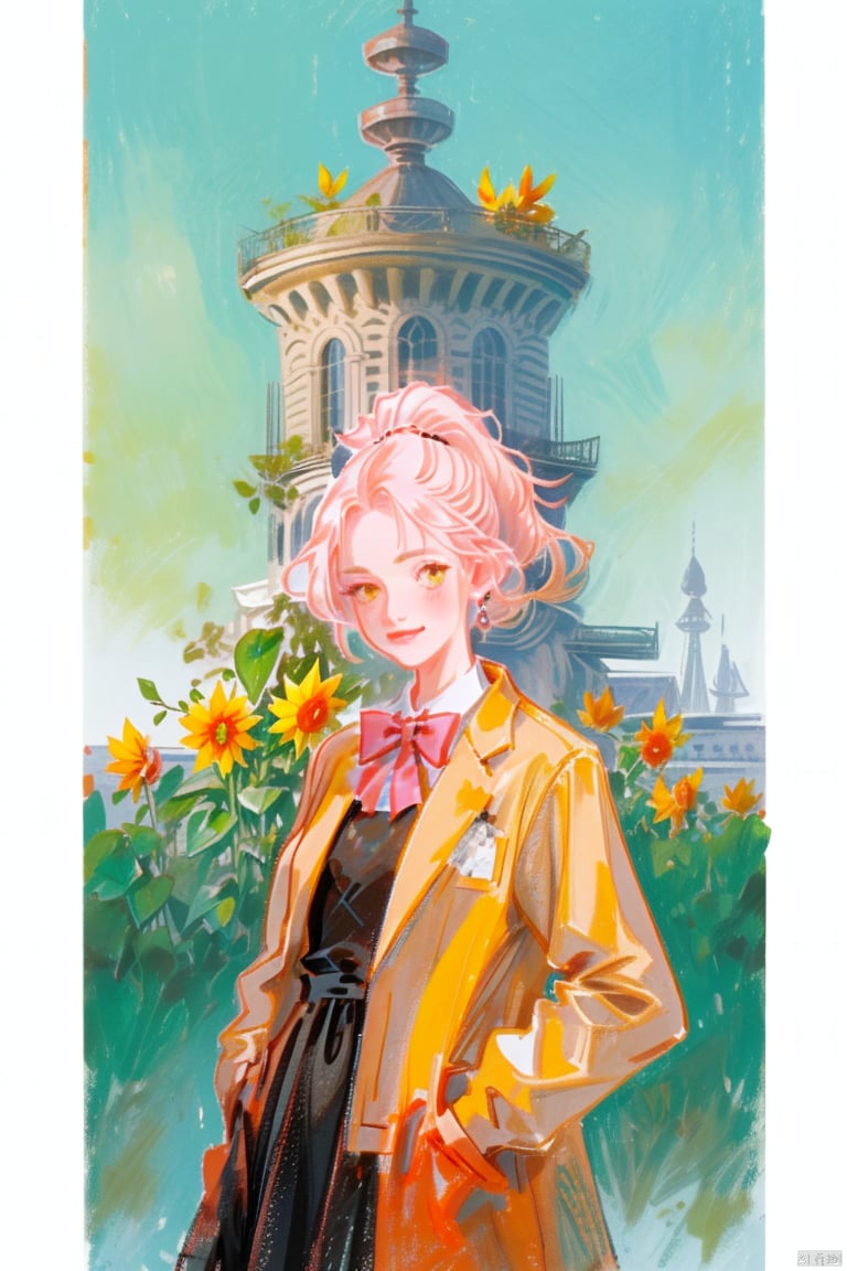 , (loli：1.2), (petite:1.2), Pink hair, Yellow eyes,  (red Jacket), high ponytail, white collared shirt, hair flower, fipped hair, floating hair, Frown, hands in pockets, black dress, red bowtie, (solo), sky,  skyline,  skyscraper,  smile,  solo,  sunflower,  tower,  upper_body,<lora:EMS-266656-EMS:1.000000>,<lora:EMS-174598-EMS:1.000000>