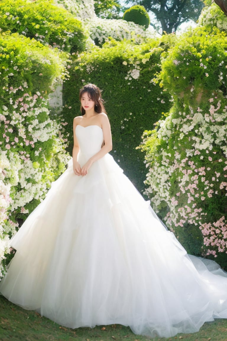 1girl, solo, long hair, brown hair, black hair, dress, bare shoulders, standing, flower, white dress, tree, plant