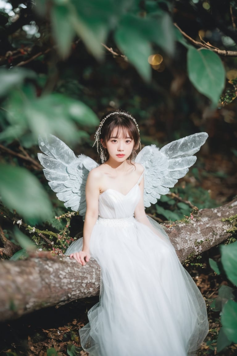 miniature world, a small angel, chibi, lovely white dress, sitting on a branch, in the woods, holding a glowing ice star, magical, fantasy, dreamy, . shallow depth of field, vignette, highly detailed, high budget, bokeh, cinemascope, moody, epic, gorgeous, film grain, grainy, cinematic film, alive,