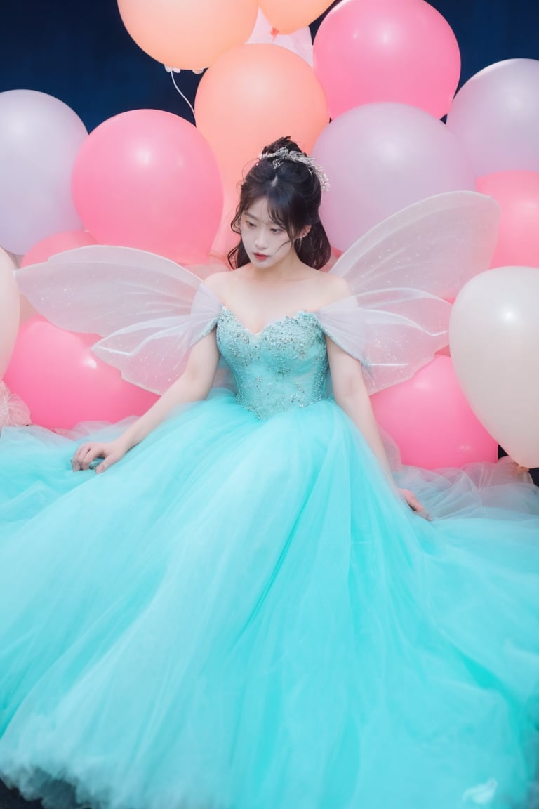 (dramatic, gritty, intense:1.4),masterpiece, best quality, 8k, insane details, intricate details, hyperdetailed, hyper quality, high detail, ultra detailed, Masterpiece, light and shade contrast,,full-body image, A beautiful maiden, in a fairy dress, sat on a pale blue ball against a background of three transparent pink balloons, Hair rings, blue sky and white clouds,light pinkand black, kenro izu