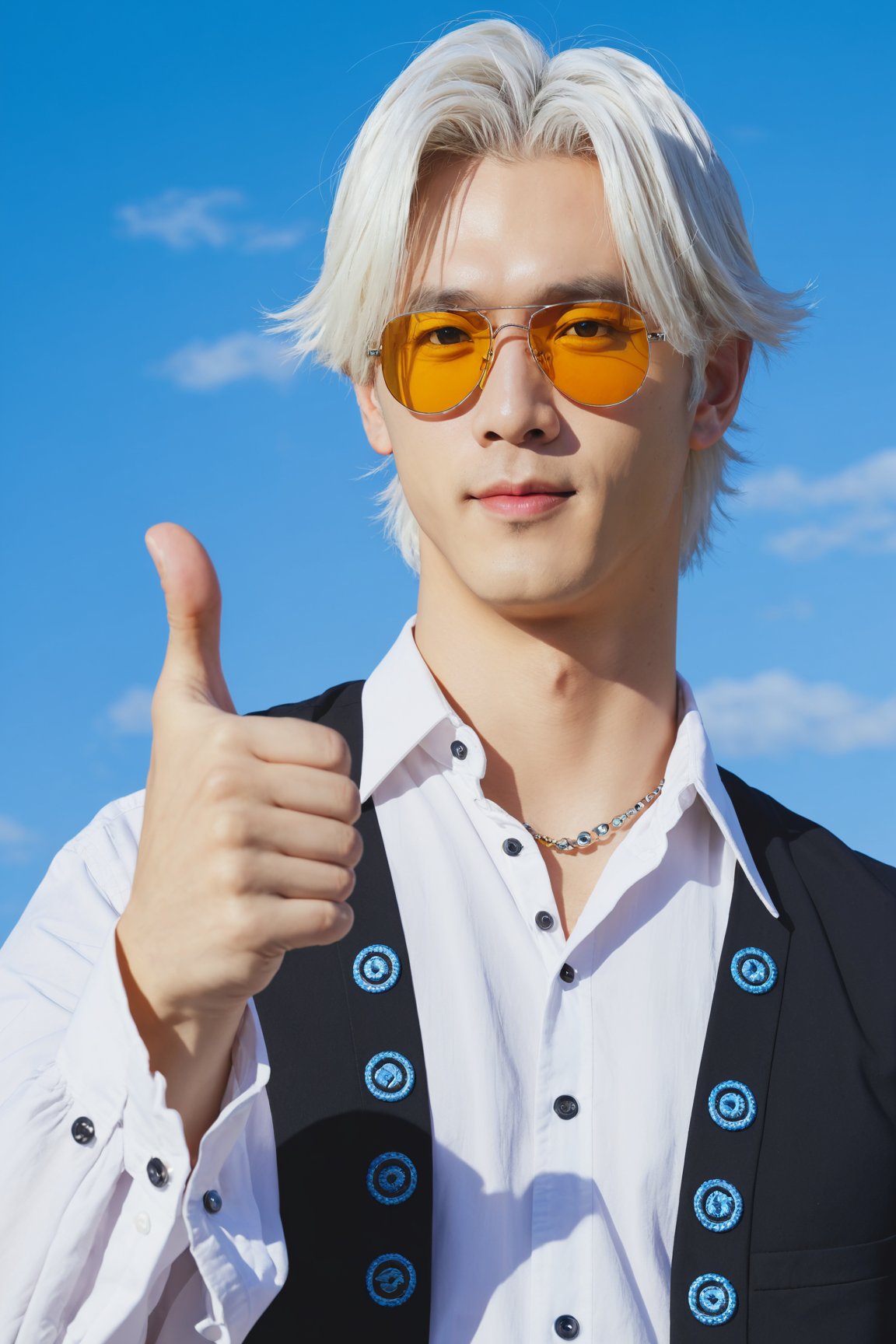 Incrs404, english text, Written On Clothes, 1male, portrait, satoru gojo, white hair, short hair, hair between eyes, blue eyes, colored eyelashses, (thumbs_up:1.4), (cowboy_shot:1.3)