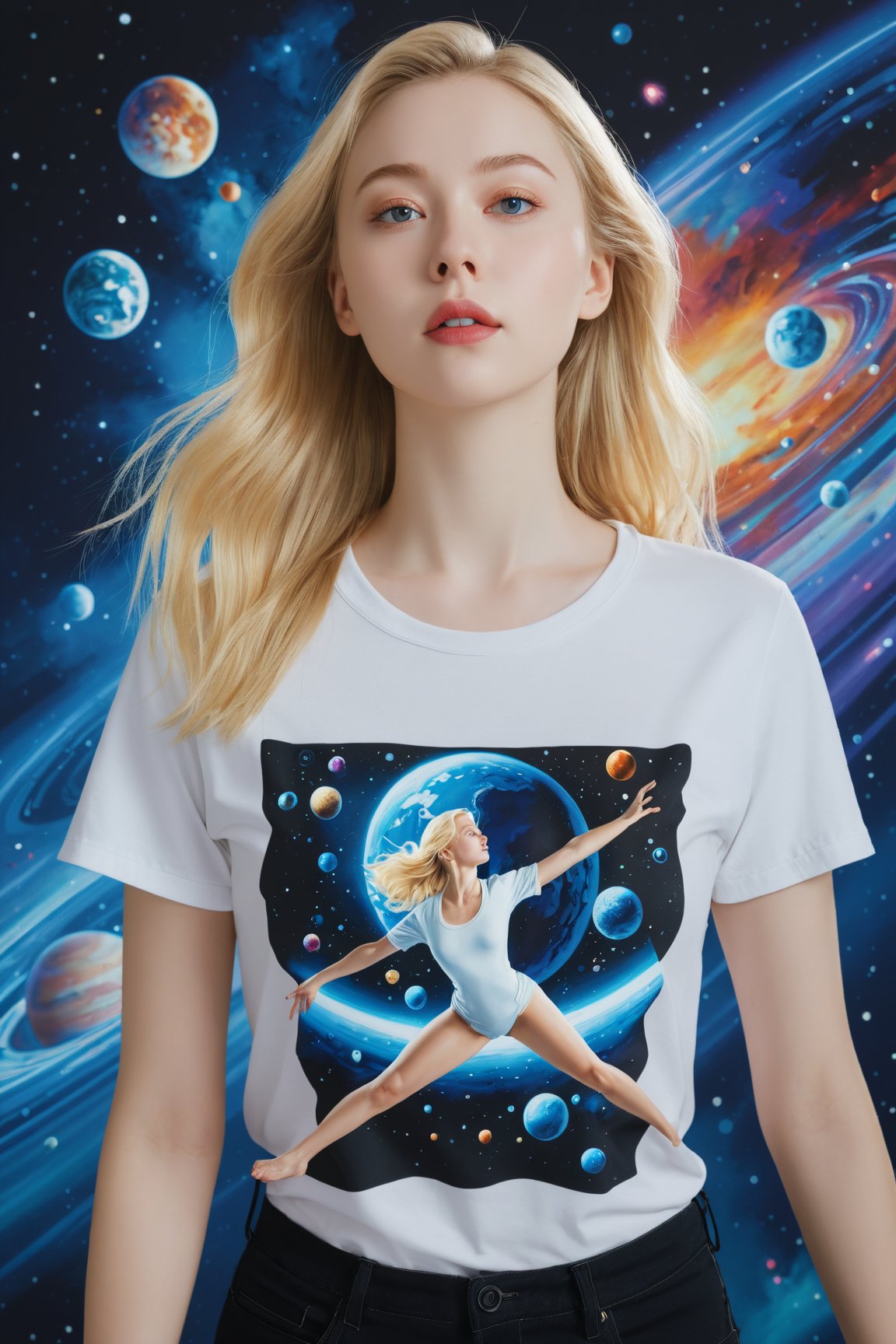 masterpiece, best quality, cinematic photo, anatomically correct, digital artwork illustration , innocent 20yo woman, pale skin, polish, pronounced feminine features, (stretching), t-shirt, straight blonde hair, large breasts, (cosmic background), dark illustration style, (8k, dynamic composition, photorealistic, sharp focus), elaborate background, cinematic, rule of thirds, backlight, film grain, intricate details, fine details,
