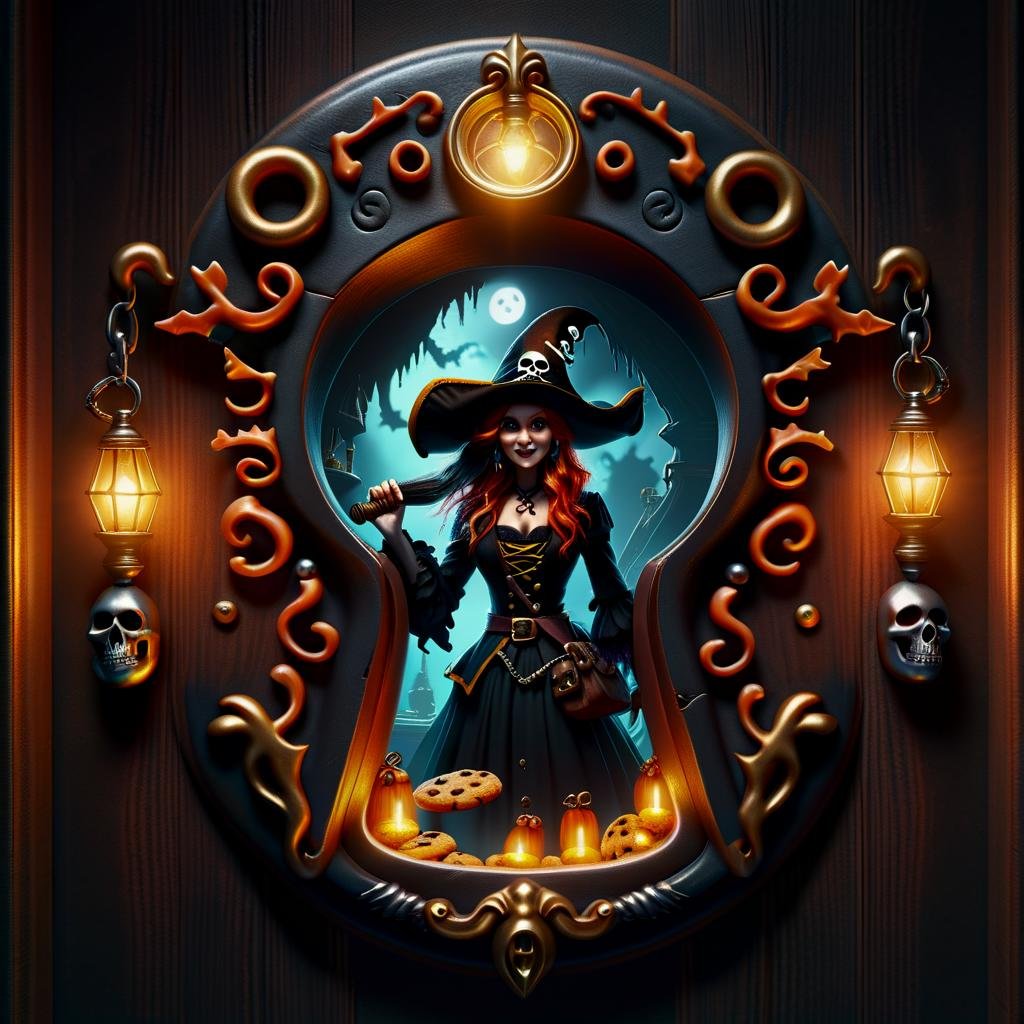 hyper detailed semi realistic 2.5D digital art masterpiece, dynamic, awesome quality,pirate, spooky, witch's fingers cookies, witch's hat lights, witch's broom,, DonMK3yH0l3XL keyhole <lora:DonMK3yH0l3XL:1>