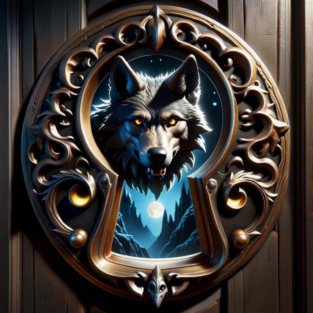 hyper detailed semi realistic 2.5D digital art masterpiece, dynamic, awesome quality,baal, lycanthropes, mythical creature, humanoid wolf-like form, full moon, hairy furry skin, fangs, wolf ears, wolf-like face, DonMK3yH0l3XL keyhole <lora:DonMK3yH0l3XL:1>