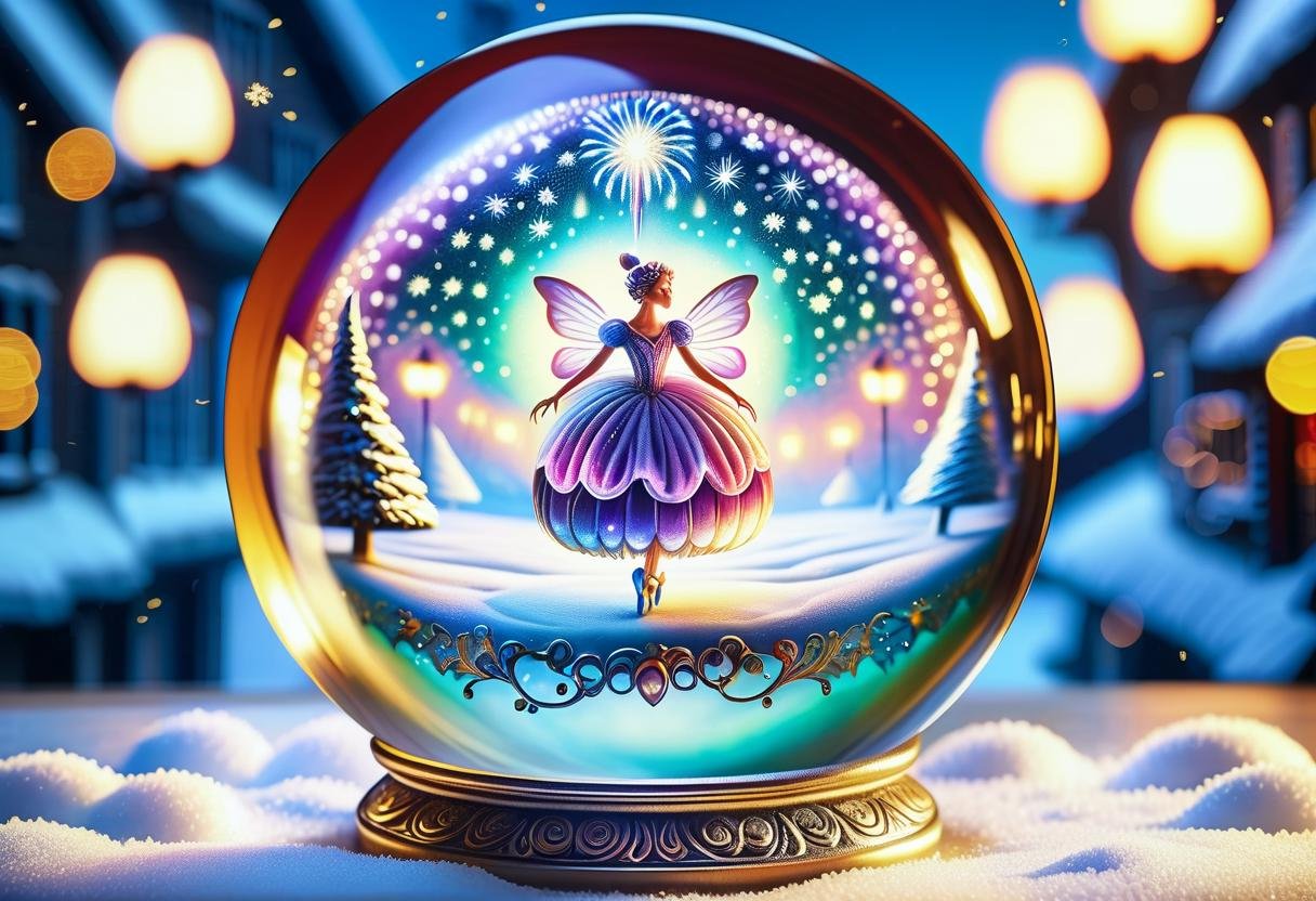 hyper detailed masterpiece, dynamic realistic awesome quality,folk art, sugar plum fairy, gravy, sparkling and festive,filled with joy and laughter,wholesome and heartwarming, fireworks displays, candle-lit windows on a snowy evening,in a DonMCry5741b411XL crystal ball  <lora:DonMCry5741b411XL:1>