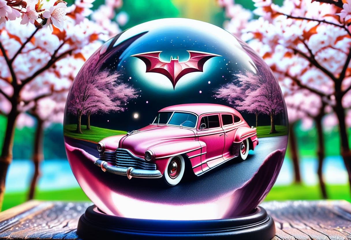 hyper detailed masterpiece, dynamic realistic awesome quality, tumbler (the dark knight), running boards, wing windows,  running boards, pedal covers, vibroblade, illuminated, cherry blossom pink, worn patina, ,in a DonMCry5741b411XL crystal ball  <lora:DonMCry5741b411XL:1>