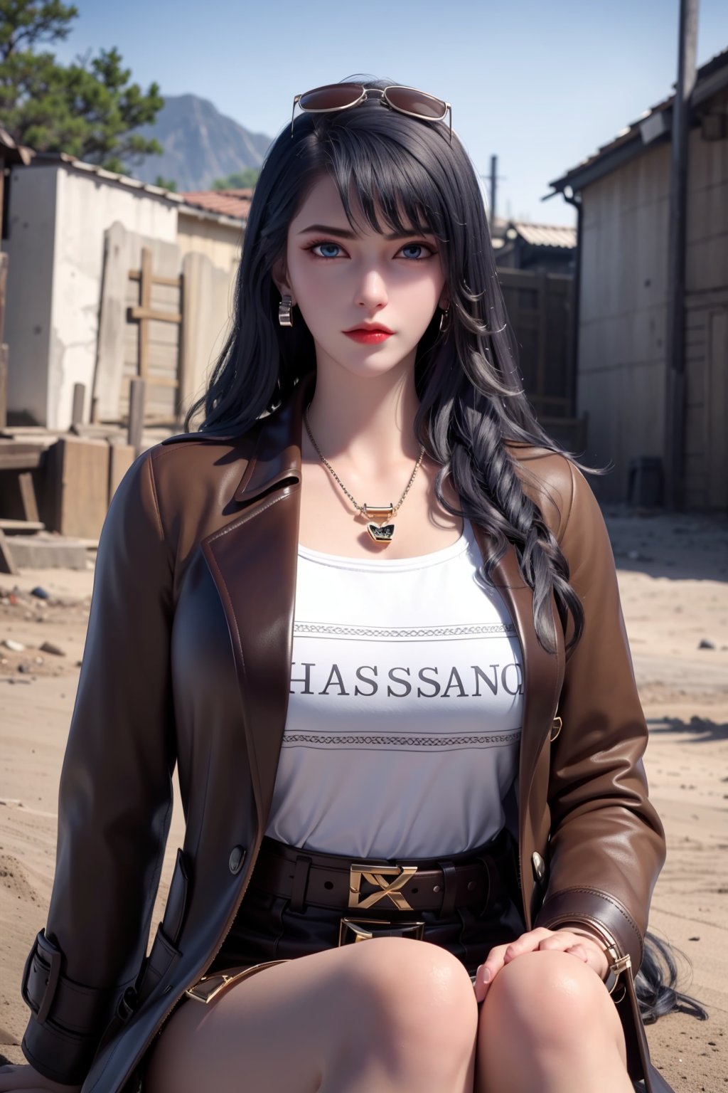 one girl, jewelry, solo, eyewear on head, necklace, black hair, long hair, earrings, red lips, belt, looking at viewer, jacket, sunglasses, sitting, makeup, shirt, lips, bracelet, realistic, lipstick, blurry background, brown jacket, outdoors, blue eyes, blurry, closed mouth, white shirt,(upper body:1.3)，(long legs:1.3)，huge breasts,<lora:dingdang-luoxinyuV3:0.55>