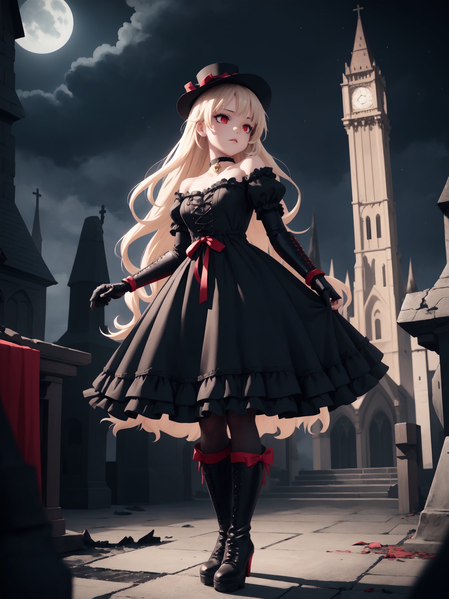 best quality, highly detailed, detailed background, girl, very long hair black, red eyes, choker, gauntlets, heavy boots, gothic dress, lolita dress, frills, poofy design, laced, ribbons, bows, fancy dress hat, standing elegantly, swift, cathedral, foreboding shadows, fractured realm, night sky, broken bell tower, terror horror