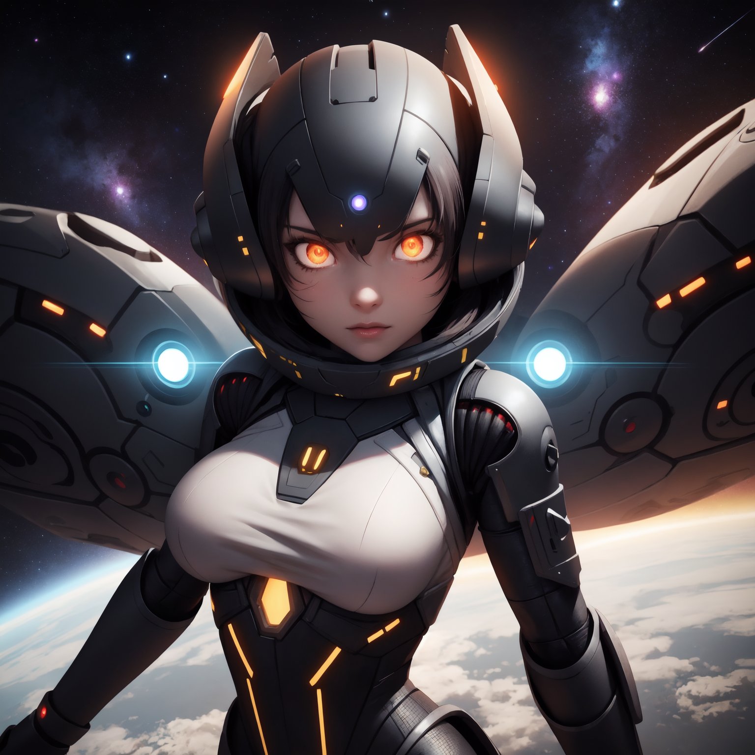 best quality, highly detailed, detailed background, female android, short hair, face lines, implants, glowing eyes, combat suit, large breasts, metal bracers, determined, deep space, galaxy, floating, dynamic pose, sci-fi, futuristic, led indicator