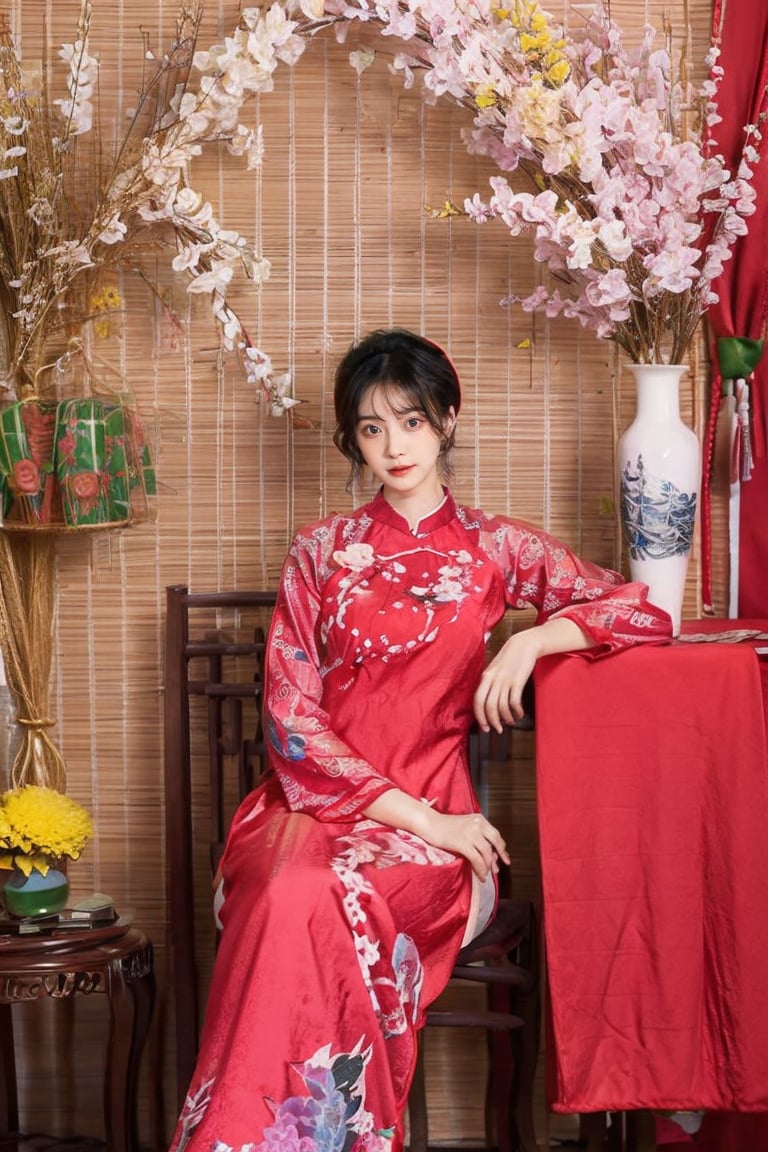 1girl, solo, short hair, black hair, sitting, indoors, chair, floral print, table, plant, hand fan, aodai,aodaicuoi