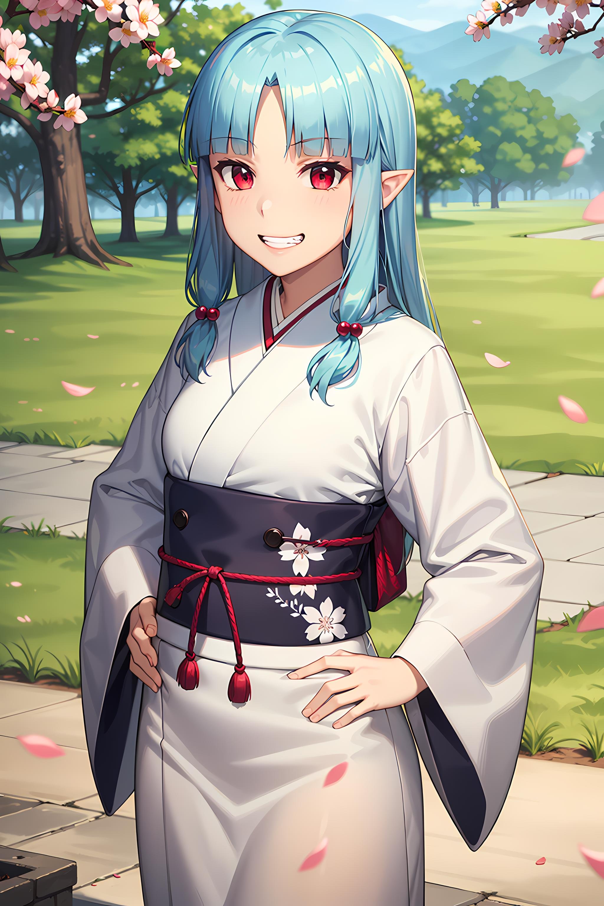 best quality, masterpiece, detailed,<lora:Tsugumomo_Kiriha:0.8>, Kiriha,1girl, open mouth, (grin:1.2),aqua hair, red eyes, long hair, hair beads, blunt bangs, parted bangs, pointy ears,KirihaKimono, japanese clothes, white kimono, (aqua obi:1.2), floral print,standing, hands on own hips, looking at viewer,outdoors, (cherry blossoms:1.2), petals, (falling petals:1.2)