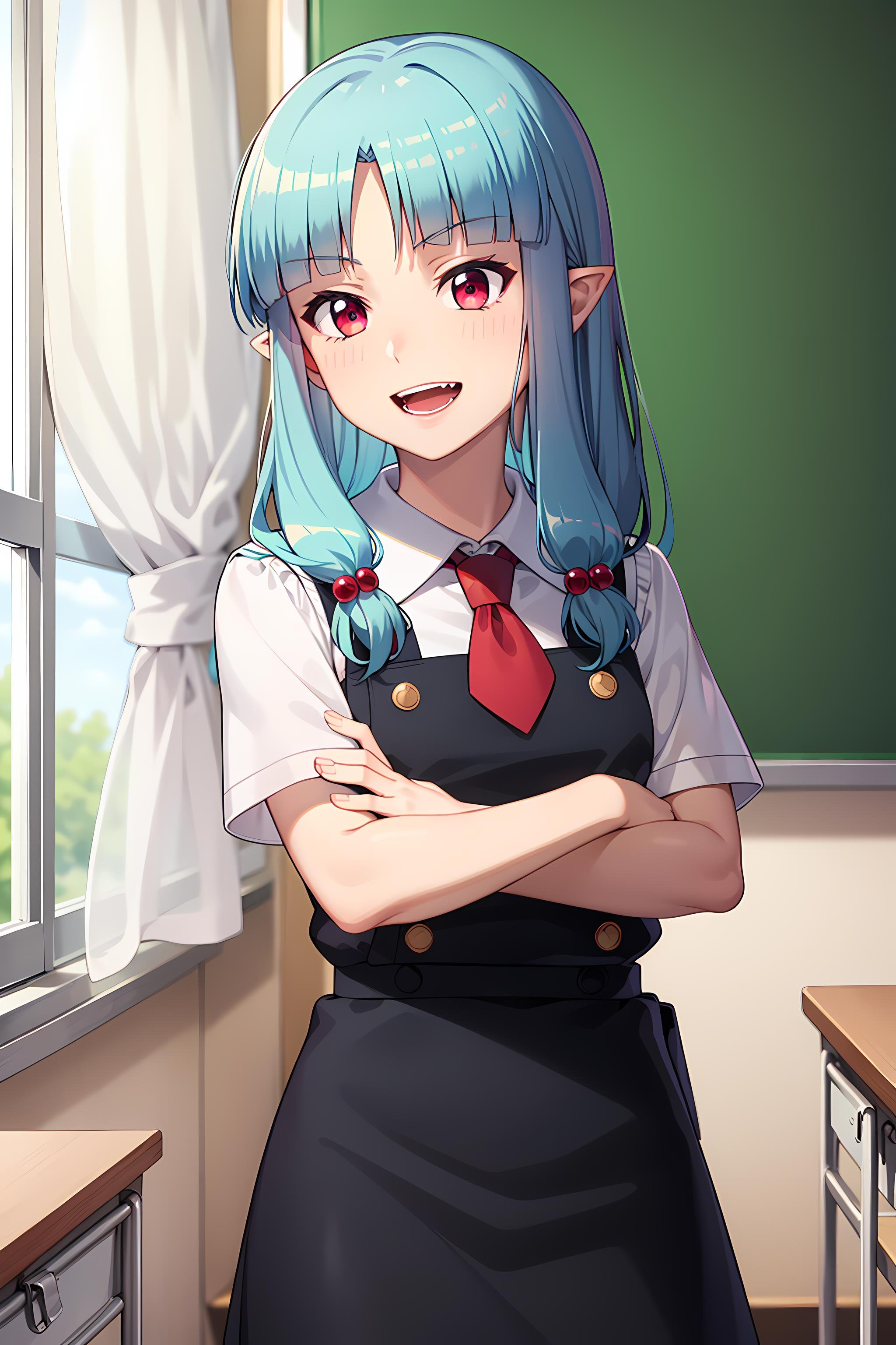 best quality, masterpiece, detailed,<lora:Tsugumomo_Kiriha:0.9>, Kiriha,1girl, open mouth, fang, smile,aqua hair, red eyes, long hair, hair beads, blunt bangs, parted bangs, pointy ears,KirihaSchoolUniform, school uniform, pinafore dress, red necktie, white shirt, short sleeves,crossed arms, looking at viewer, indoors, classroom, chalkboard