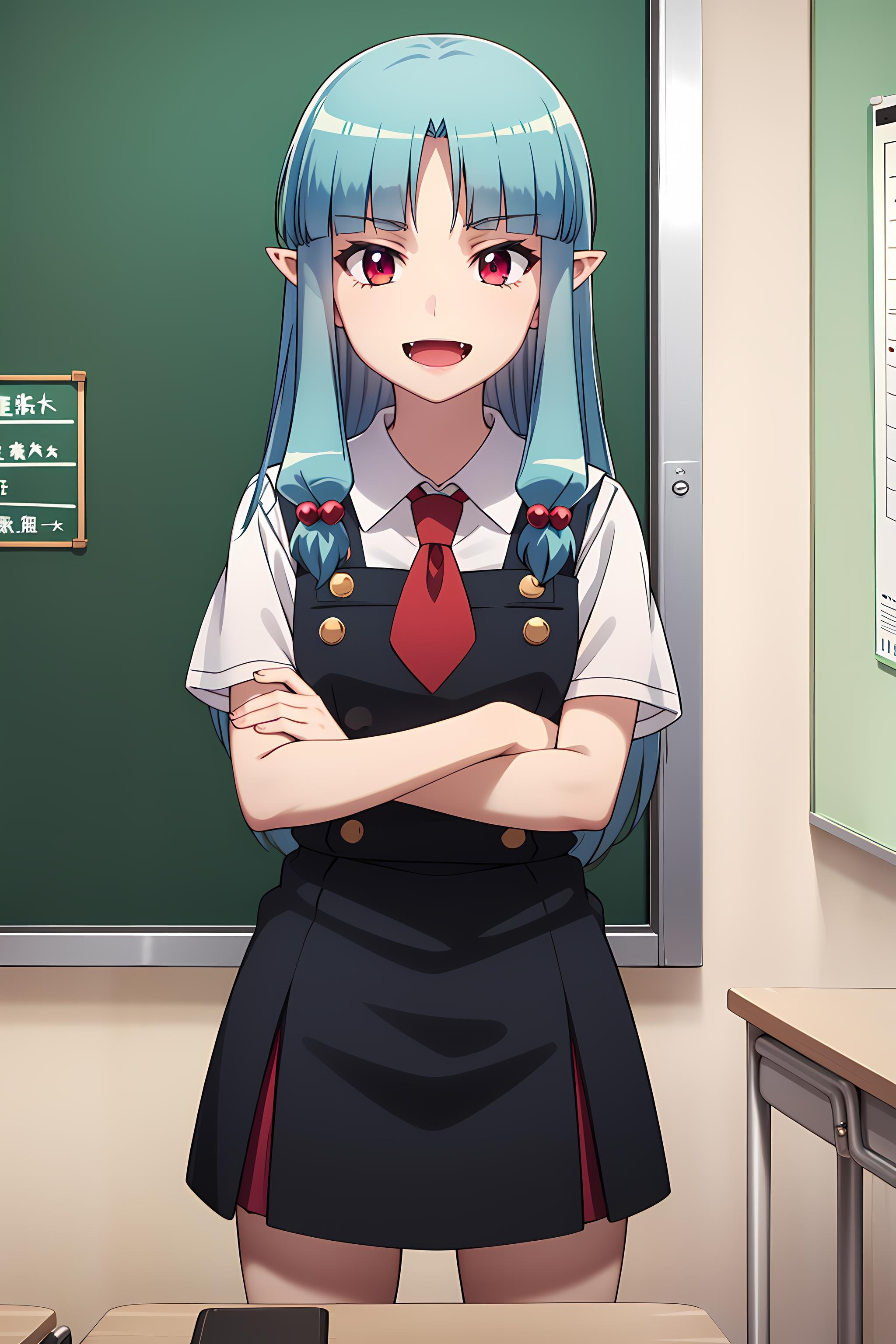 best quality, masterpiece, detailed,<lora:Tsugumomo_Kiriha:0.9>, Kiriha,1girl, open mouth, fang, smile,aqua hair, red eyes, long hair, hair beads, blunt bangs, parted bangs, pointy ears,KirihaSchoolUniform, school uniform, pinafore dress, red necktie, white shirt, short sleeves,crossed arms, looking at viewer, indoors, classroom, chalkboard