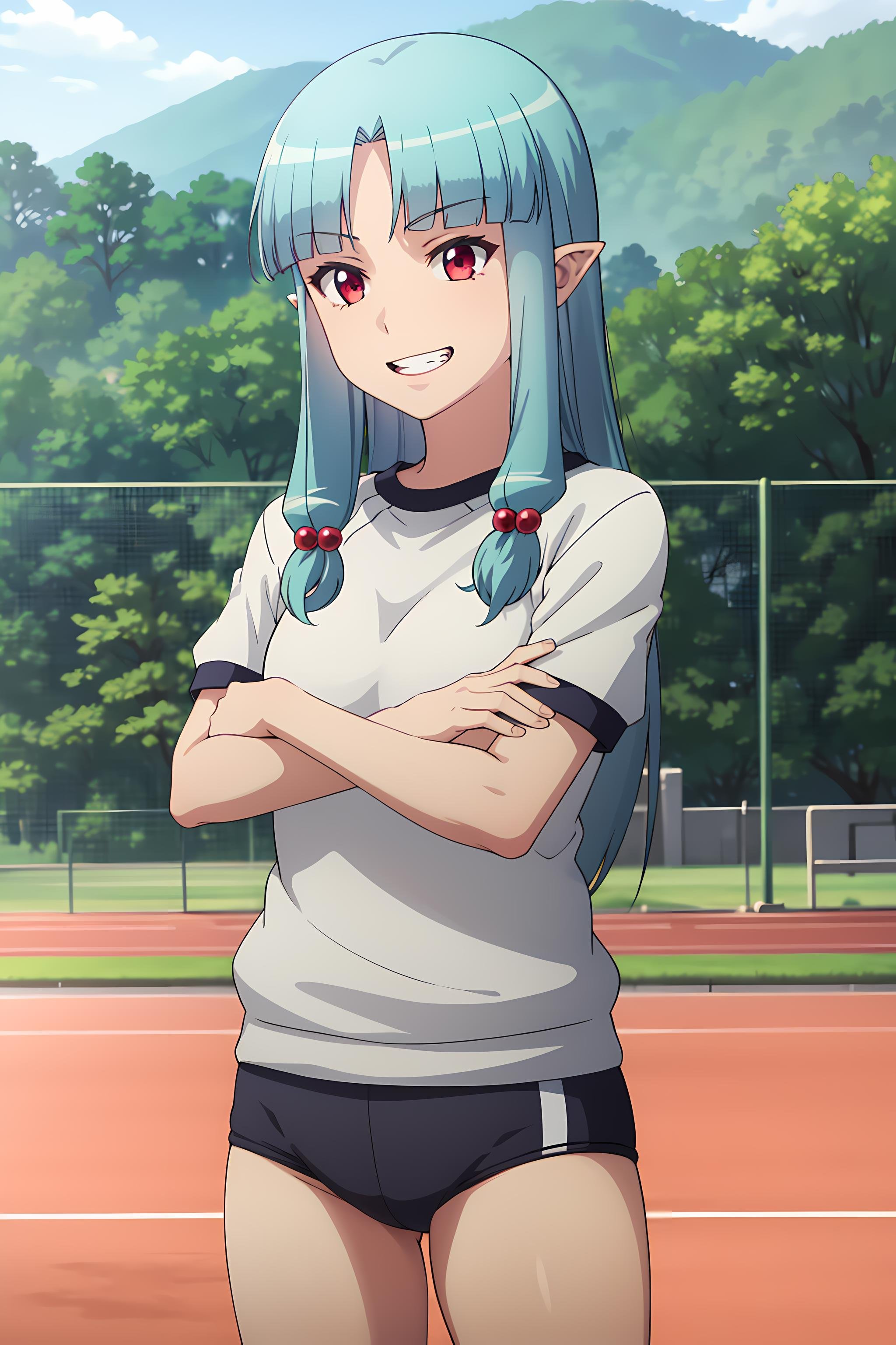 best quality, masterpiece, detailed,<lora:Tsugumomo_Kiriha:0.9>, Kiriha,1girl, open mouth, grin,aqua hair, red eyes, long hair, hair beads, blunt bangs, parted bangs, pointy ears,KirihaGym, gym uniform, black buruma, shirt, short sleeves,standing, crossed arms, looking at viewer,outdoors, track field