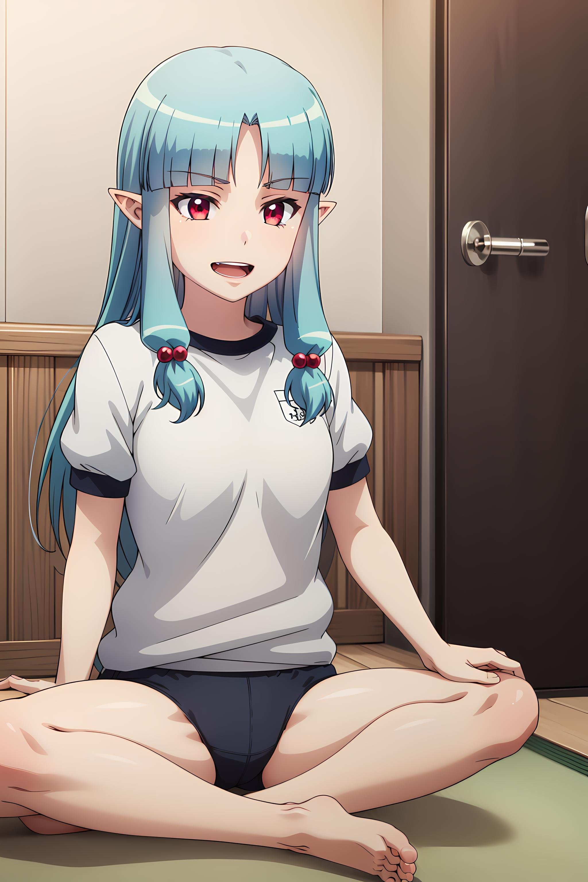 best quality, masterpiece, detailed,<lora:Tsugumomo_Kiriha:0.9>, Kiriha,1girl, open mouth, light smile,aqua hair, red eyes, long hair, hair beads, blunt bangs, parted bangs, pointy ears,KirihaGym, gym uniform, black buruma, shirt, short sleeves, barefoot,sitting, looking at viewer, indoors