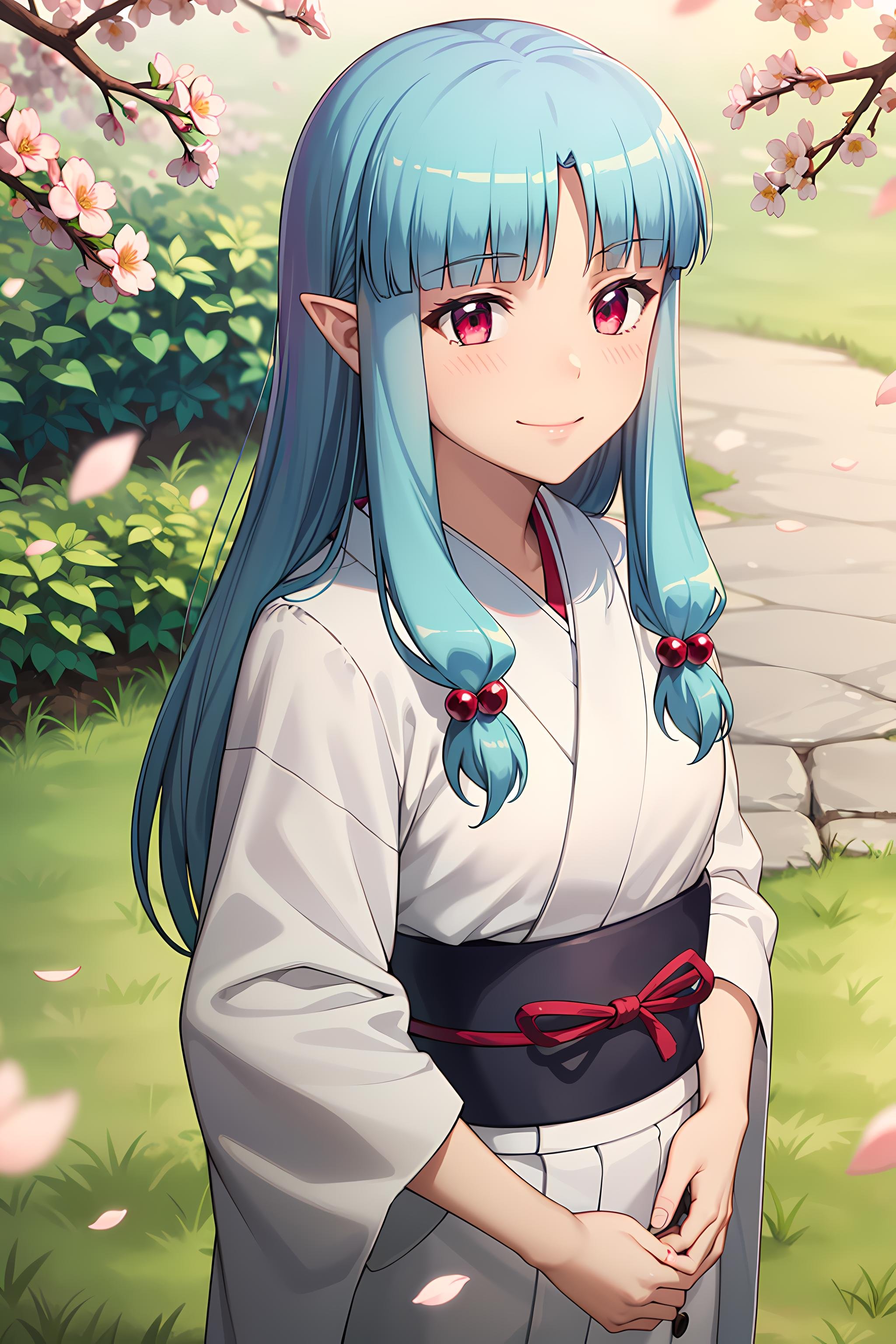 best quality, masterpiece, detailed,<lora:Tsugumomo_Kiriha:0.9>, Kiriha,1girl, closed mouth, smile, blush,aqua hair, red eyes, long hair, hair beads, blunt bangs, parted bangs, pointy ears,KirihaKimono, japanese clothes, white kimono, (aqua obi:1.2),standing, (facing viewer:1.2), portrait, looking at viewer,outdoors, cherry blossoms, petals, falling petals