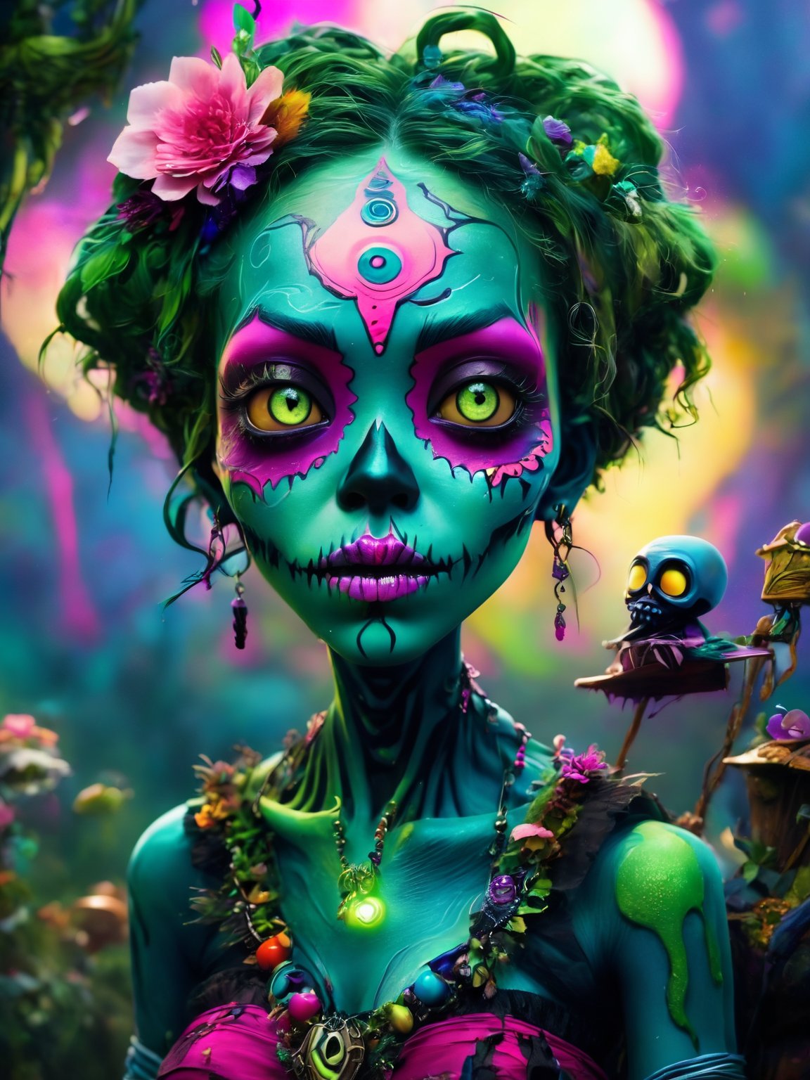 (best quality, 8K, UHD, masterpiece), ultra-detailed, (digital illustration, splash art) featuring an adorable and cute green-skin zombie with a voodoo ambiance. The portrait is inspired by the detailed fashion of Hanae Mori, infused with dark fantasy elements. The artwork bursts with vivid colors, akin to the styles of Arthur Rackham, Dr. Seuss, and Tim Burton, creating a lively and magical scene. The luminism and rim lighting add a glowing effect, enhancing the overall vibrant and super colorful composition