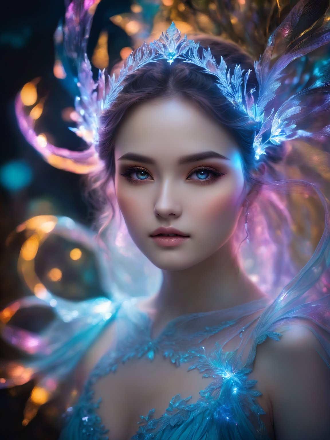 (high quality, 4k, 8k, highres, masterpiece:1.2), ultra-detailed, realistic, beautiful detailed eyes, beautiful detailed lips, extremely detailed eyes and face, longeyelashes, fantastic magical portrait, breathtaking glowing silhouette of a woman, ethereal and dreamlike figure, dressed in flowing delicate garments, gentle gaze piercing through the darkness, mysterious aura surrounding her, translucent skin emitting a soft radiance, translucent body like an ethereal apparition, curved lines and graceful movements, neon lights illuminating her delicate features, glimmering light particles floating around her, creating a surreal and otherworldly atmosphere, vibrant and vivid colors, painted with mesmerizing cmyk colors, adding depth and dimension to the portrait, backlit by a mesmerizing glow, casting a beautiful and enchanting aura around her, masterfully captured moment frozen in time, amazing fusion of the real and the surreal, creating a captivating and immersive visual experience.