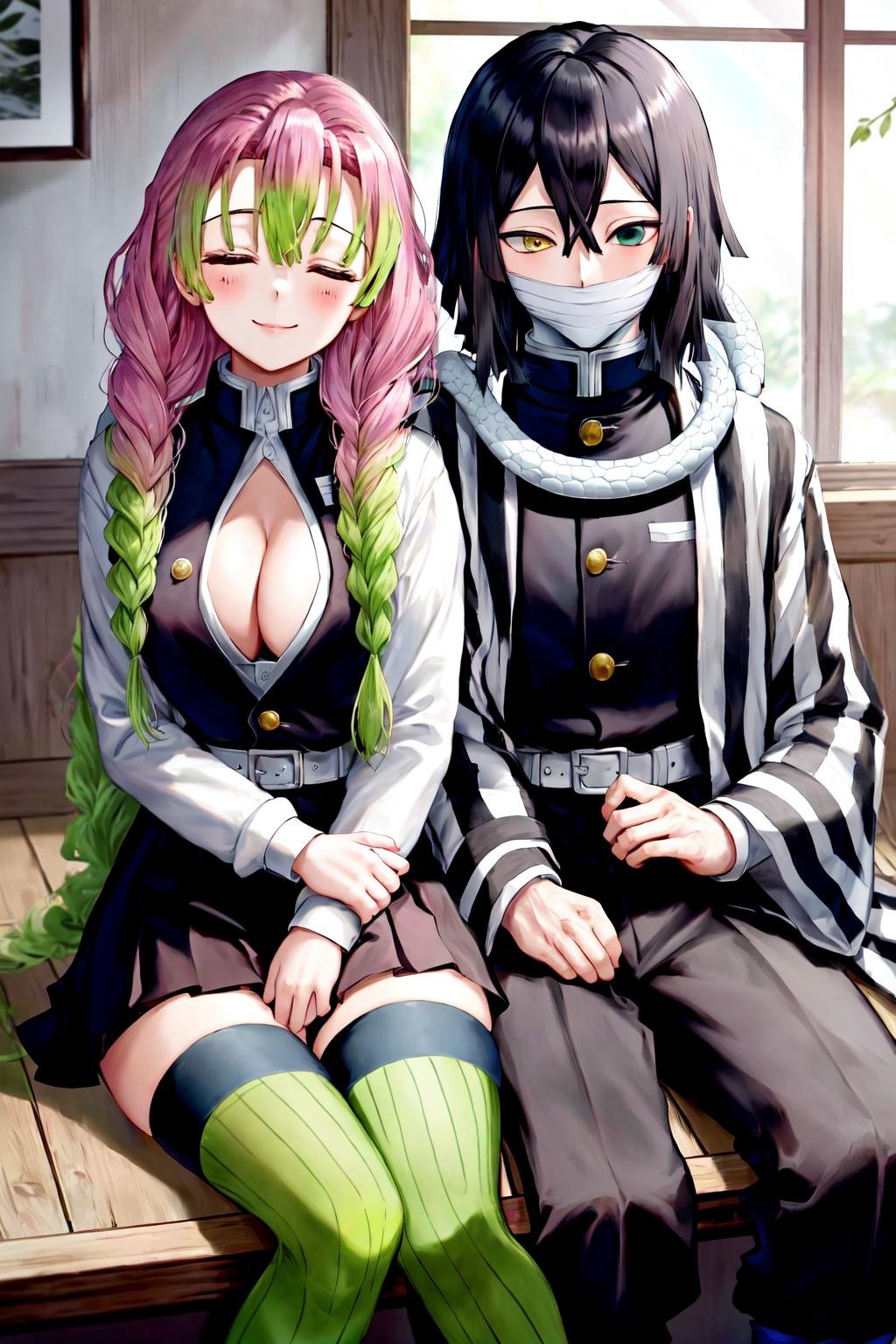 masterpiece, best quality, highres,1girl mitsuri, pleated skirt demon slayer uniform white haori long sleeves thighhighs, cleavage,1boy obanai, demon slayer uniform vertical stripes jacket black pants, mask, white snake<lora:obanai_mitsuri_2:1>sitting, sleeping on person, smile