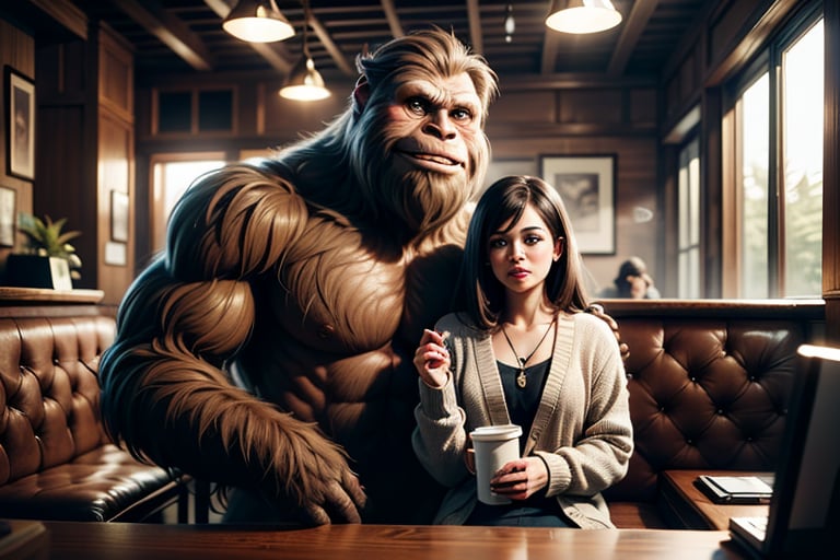 (((masterpiece))), (((Sasquatch))) is wearing a cardigan sweater, detailed fur, drinking a cup of coffee and smoking cannabis with a black woman, they are sitting in a busy cafe, detailed face, high details, photography, dark studio, rim light, Nikon D850, 50mm, f/1.4, masterpiece, high quality, high definition, 8K, super detailed, 2people, beautiful woman, Sasquatch,Bigfoot,poeple,2people,two people,1boy 1girl,Sasquatch