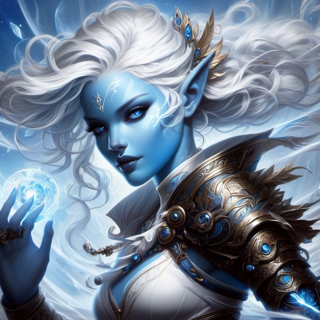 1girl, air genasi character, blue skin, glitter, white silvery hair, fine lines, ornate, aetherpunk, detailed setting, realistic anatomy, hyperreal, stunning, mystical, high contrast. Action, energy, flowing movement, sharp focus, intense eyes, (Masterpiece, epic, best quality:1.2), 16k,AirGenasiSW24,Decora_SWstyle,more detail XL