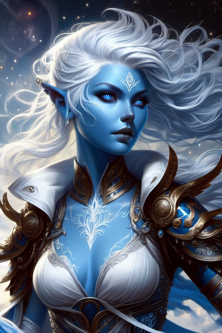 1girl, air genasi character, blue skin, glitter, white silvery hair, fine lines, ornate, aetherpunk, detailed setting, realistic anatomy, hyperreal, stunning, mystical, high contrast. Action, energy, flowing movement, sharp focus, intense eyes, (Masterpiece, epic, best quality:1.2), 16k,AirGenasiSW24,Decora_SWstyle,more detail XL