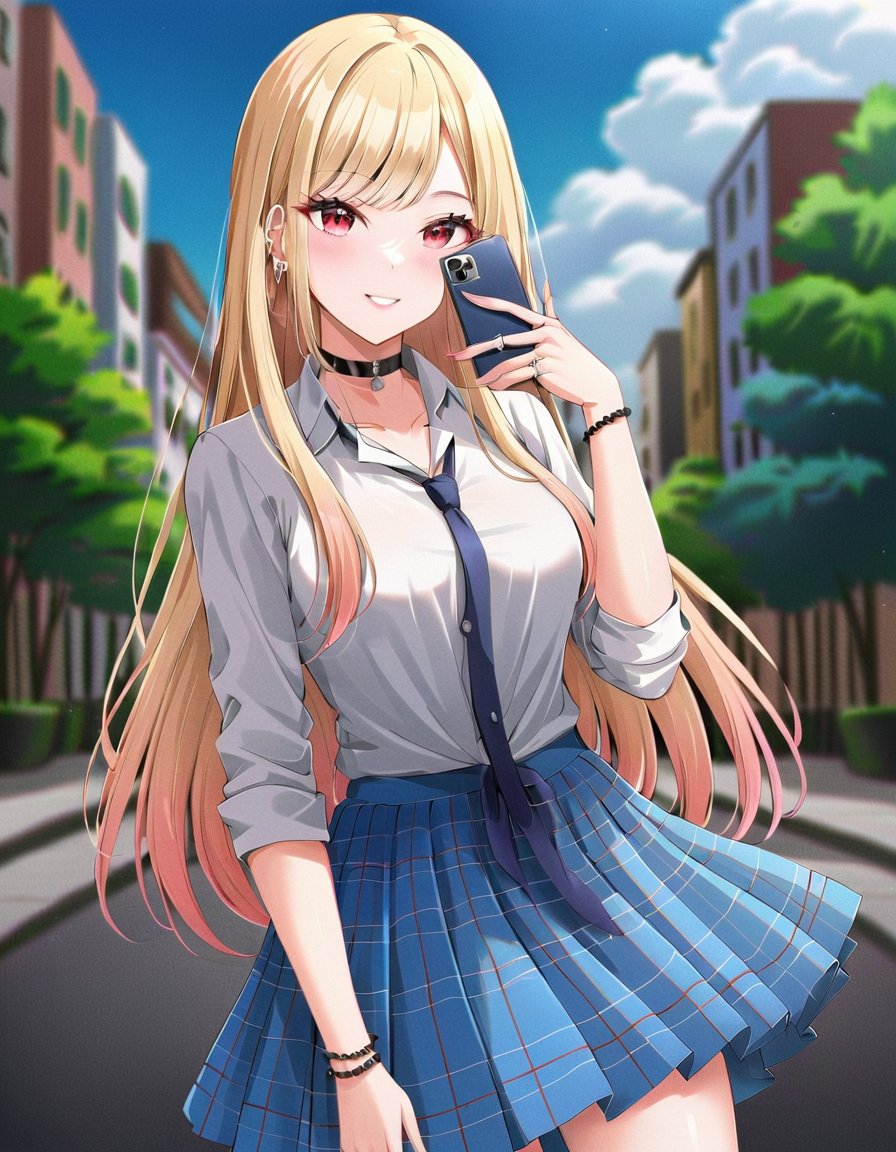 ((masterpiece, best quality)), (ultra detailed, extremely detailed, high resolution), (colorful, anime art style, soft light), highly detailed, 8k, UHD, high budget, (cute 1girl in city street, selfie), (Kitagawa Marin), ((perfect hands)), (perfect eyes), (beautiful face), (phone in hand, choker, white shirt, blue skirt, stockings), (long hair), blonde hair, red eyes, earrings with jewels, tattoos, beautiful makeup, (posing),