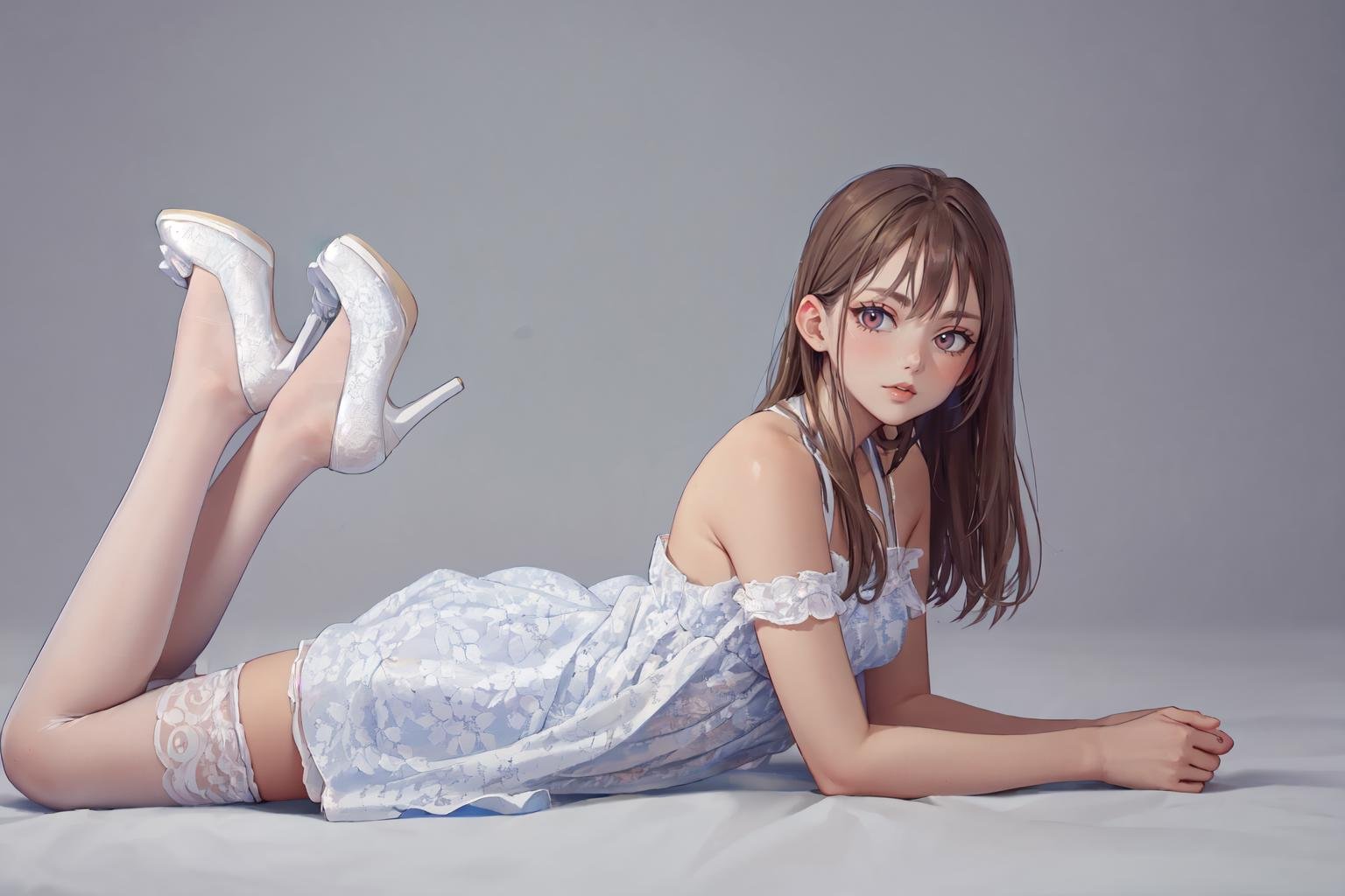 (Masterpiece:1.4), (high quality:1.2), (best quality:1.2), <lora:Lavender_Lace_Dress_v1:0.7>, white lace-trimmed dress, white lace high heels, white lace-trimmed thighhighs, on stomach, shoe dangle