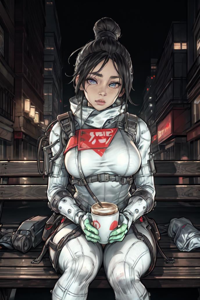 (Masterpiece:1.4), (hyperrealistic:1.2), (best quality:1.2), highres, absurdres, beautiful eyes, detailed eyes, looking looking at viewer, neon lines, background cyber city, night scene, sitting in street bench, holding coffee, apex legends logo sign, <lora:Wraith_Quarantine722_x1-000004:0.7>, 1girl, solo, black hair, animification, wraith (apex legends), gloves, bodysuit, grey eyes, white bodysuit, white footwear, sexy look, photorealistic, beautiful, extremely detailed face, perfect lighting, large breasts, wide hips, plump, detail face, tired, detailed hands and fingers, <lora:more_details:0.7>, open hands